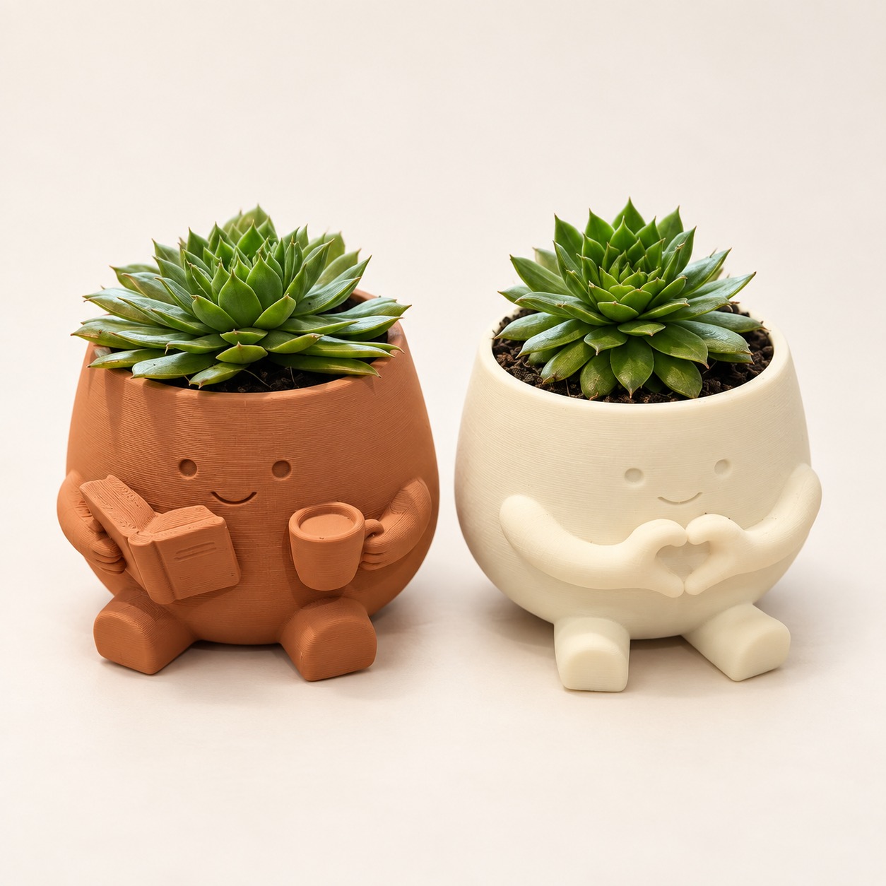 Terracotta reading planter and cream heart-hands planter, both holding succulents