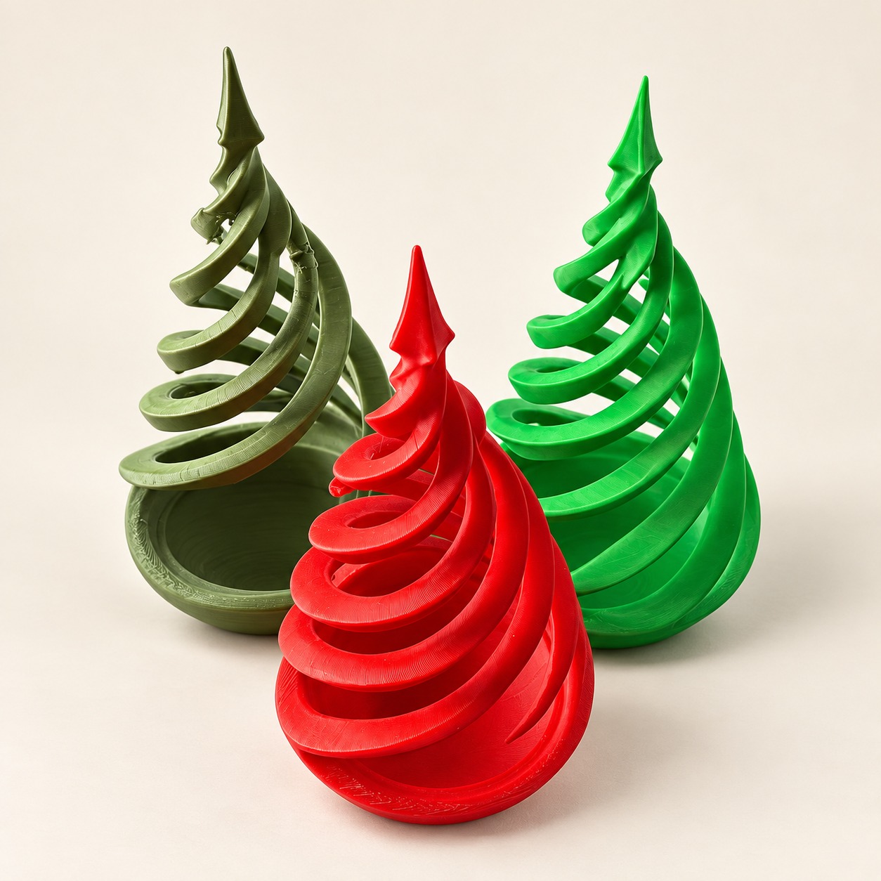 Red and green Christmas trees with an open spiral design.