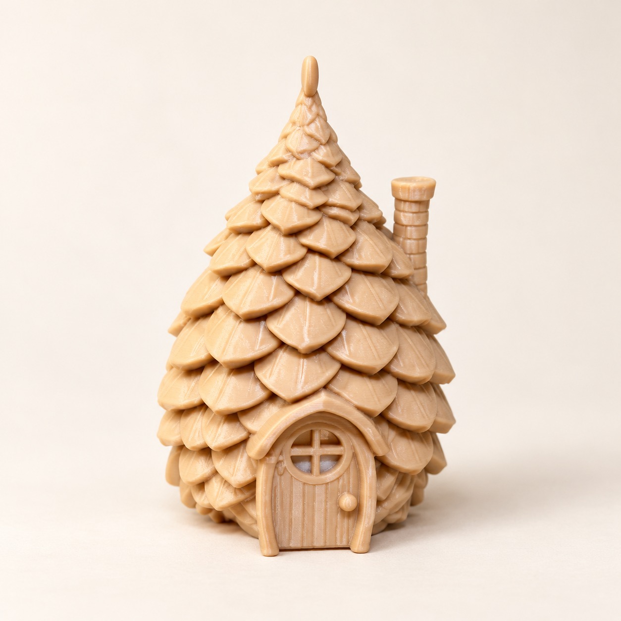 A miniature house with a pointed shingle roof, a little front door and chimney.